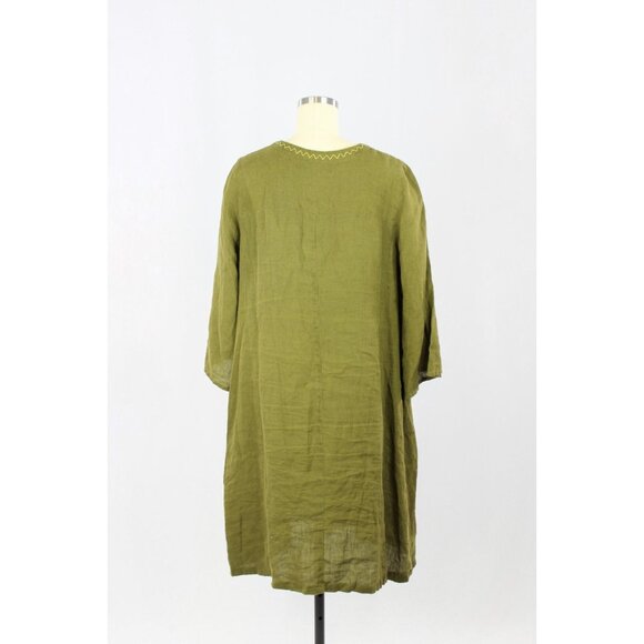 GUDRUN SJODEN Lagenlook Olive Green Linen Oversized V-Neck Tunic Dress, Size M - Picture 3 of 14